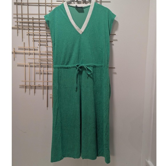 Melissa Petites Dresses & Skirts - Vtg Midi Dress Green White Trim Terry Cloth Ribbed V-Neck Measures SP Retro